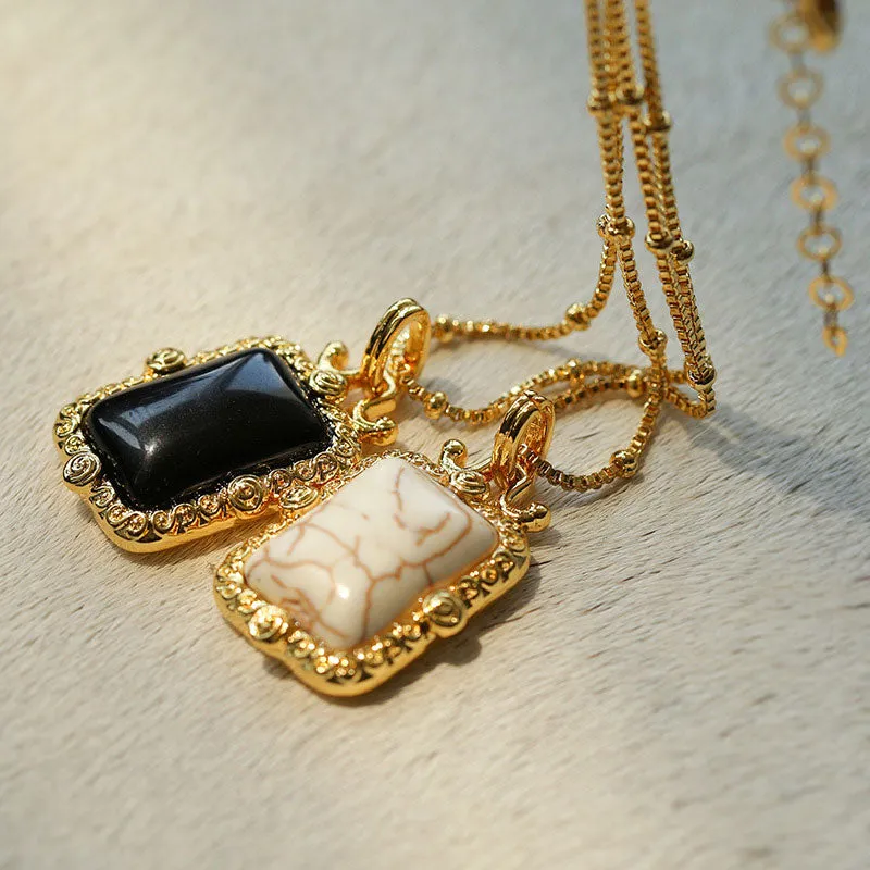 18K Gold Plated Square Gemstone Station Bead Round Box Chain Necklace