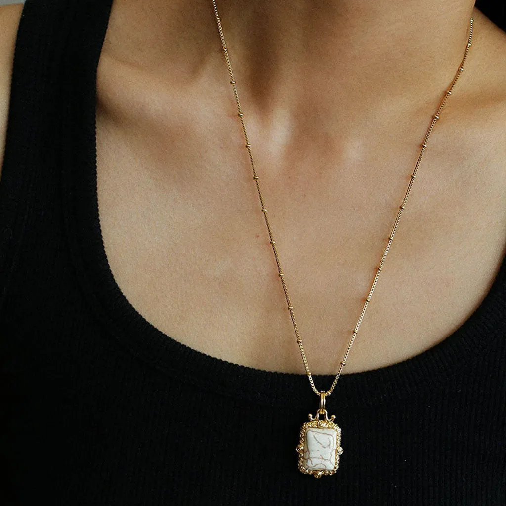 18K Gold Plated Square Gemstone Station Bead Round Box Chain Necklace
