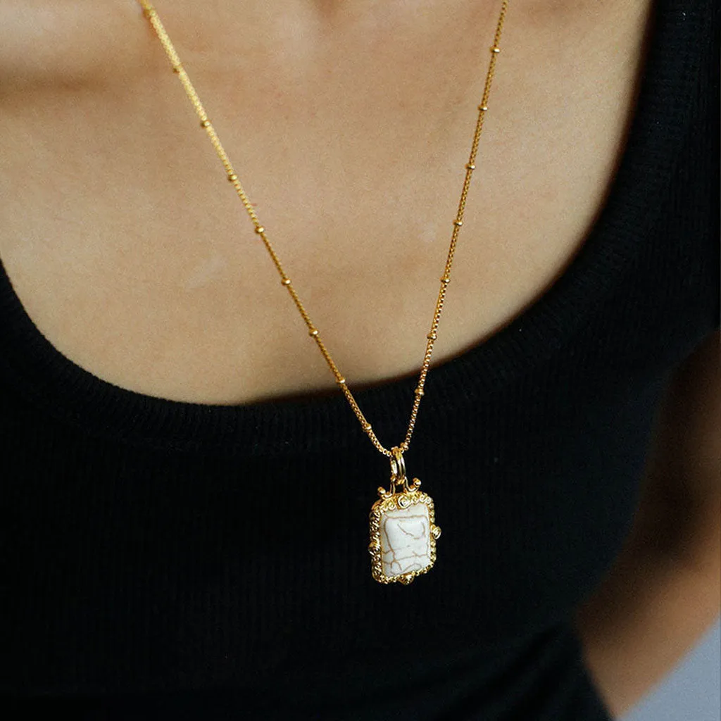 18K Gold Plated Square Gemstone Station Bead Round Box Chain Necklace