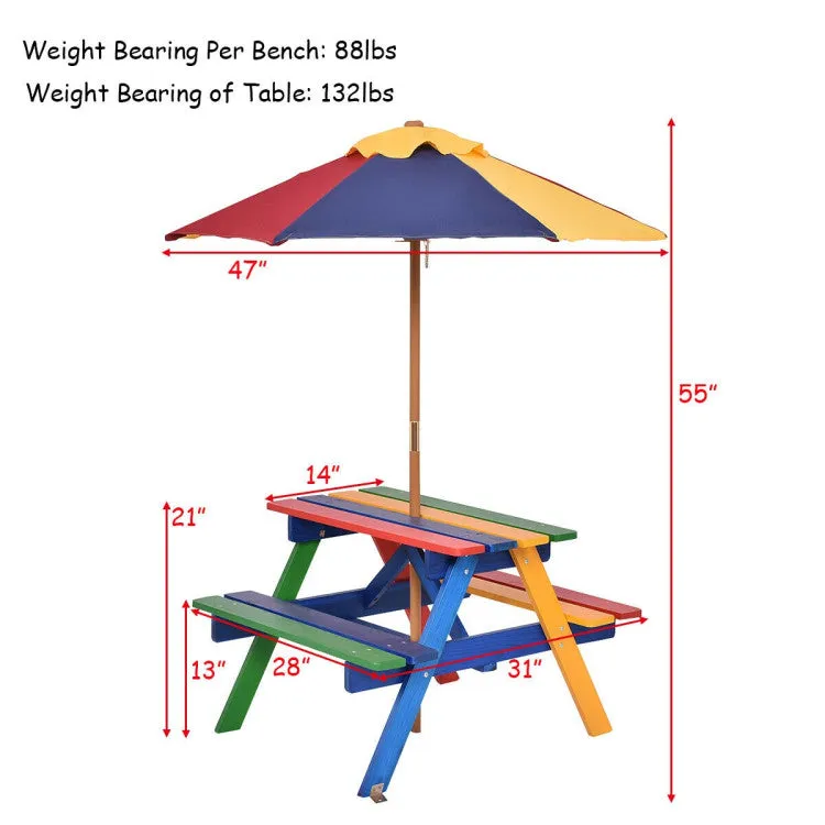 4-Seat Outdoor Kids Picnic Table Set with Removable Umbrella - Multicolor