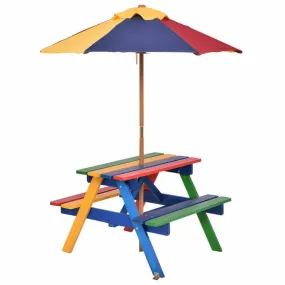 4-Seat Outdoor Kids Picnic Table Set with Removable Umbrella - Multicolor