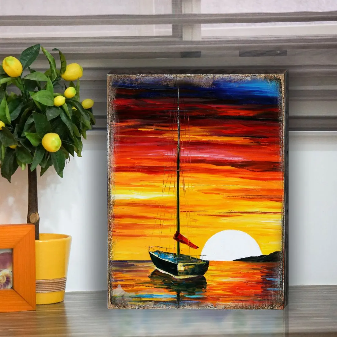 Alberty Sailboat Sunset Wooden Coastal Wall Art by Nature Wonders - Coastal Sea-Life Décor - 95323B