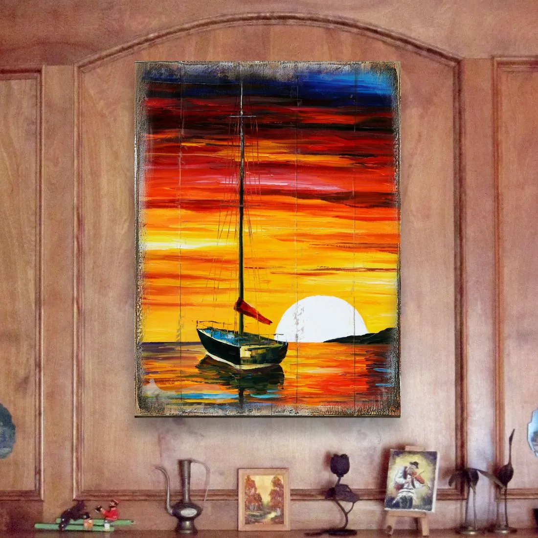 Alberty Sailboat Sunset Wooden Coastal Wall Art by Nature Wonders - Coastal Sea-Life Décor - 95323B