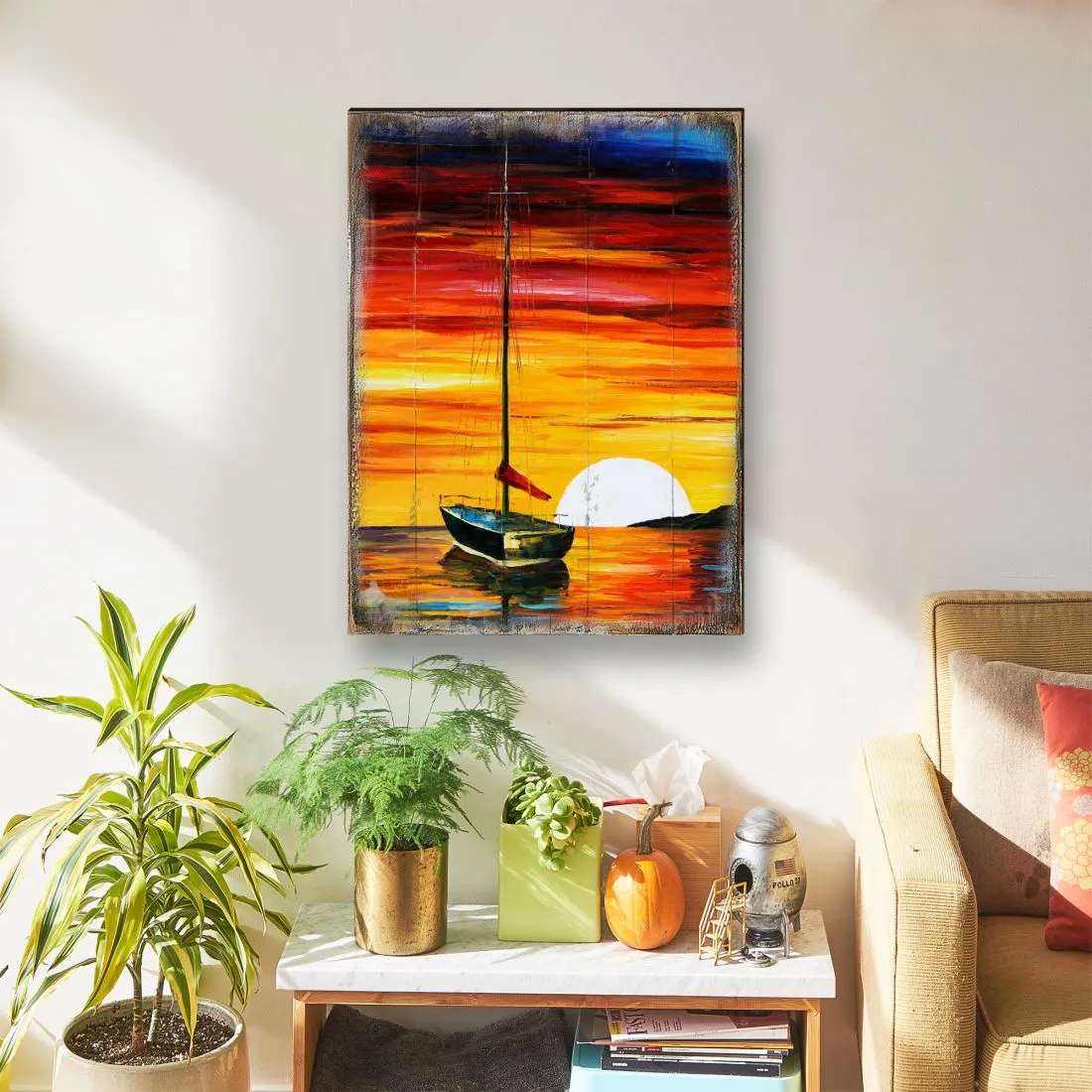Alberty Sailboat Sunset Wooden Coastal Wall Art by Nature Wonders - Coastal Sea-Life Décor - 95323B