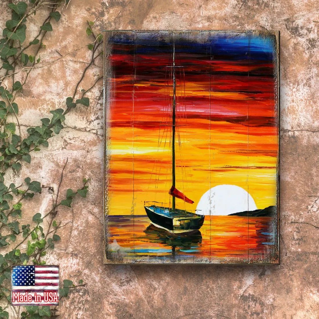 Alberty Sailboat Sunset Wooden Coastal Wall Art by Nature Wonders - Coastal Sea-Life Décor - 95323B