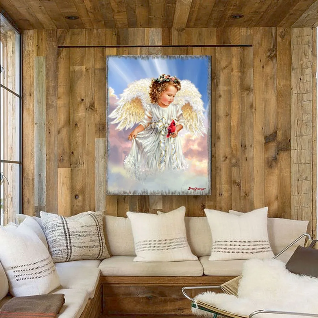 Angel with Cardinal Art Wooden Wall Art by D. Gelsinger - Nativity Holiday Décor - 95676B-DG