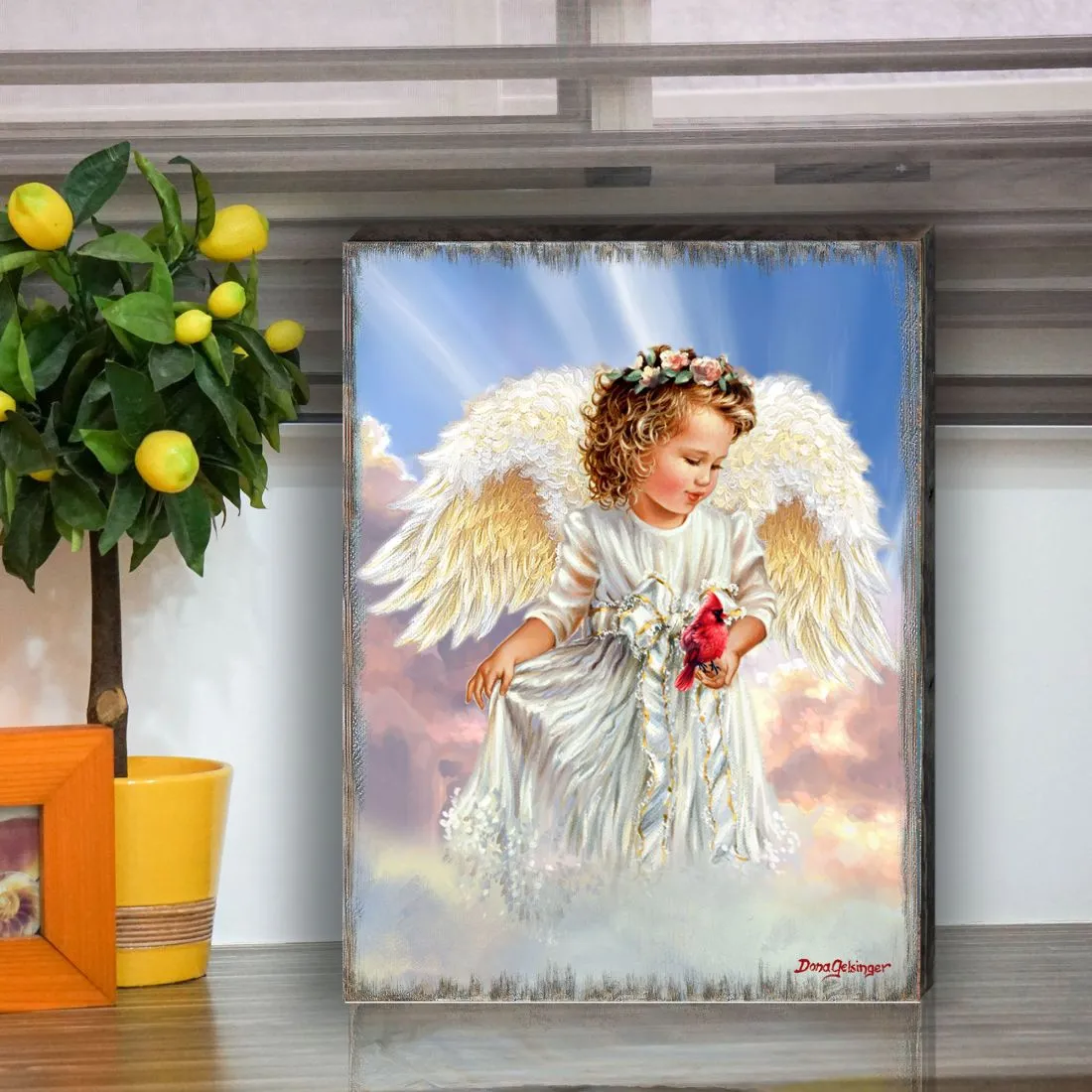 Angel with Cardinal Art Wooden Wall Art by D. Gelsinger - Nativity Holiday Décor - 95676B-DG