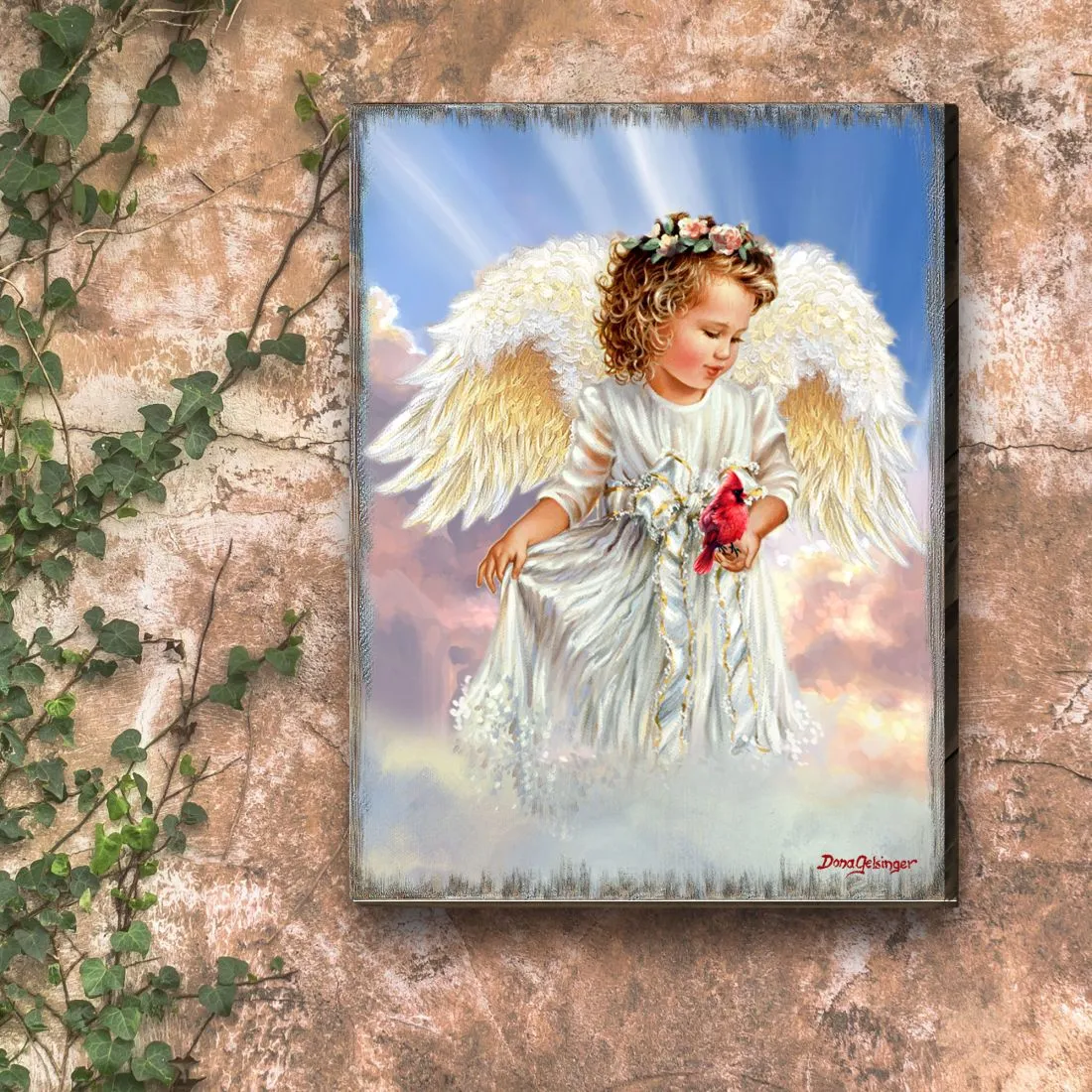 Angel with Cardinal Art Wooden Wall Art by D. Gelsinger - Nativity Holiday Décor - 95676B-DG