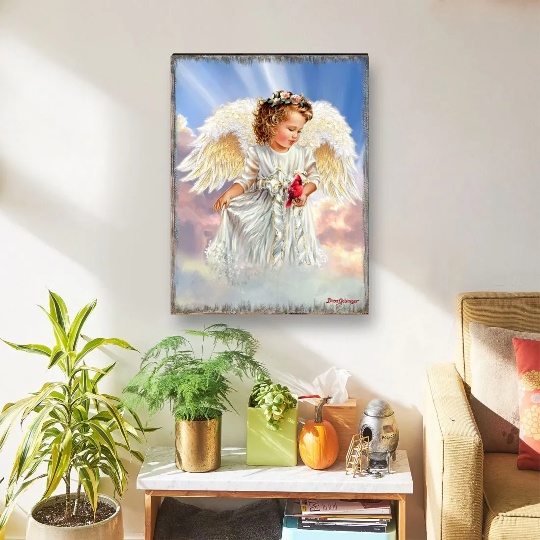 Angel with Cardinal Art Wooden Wall Art by D. Gelsinger - Nativity Holiday Décor - 95676B-DG