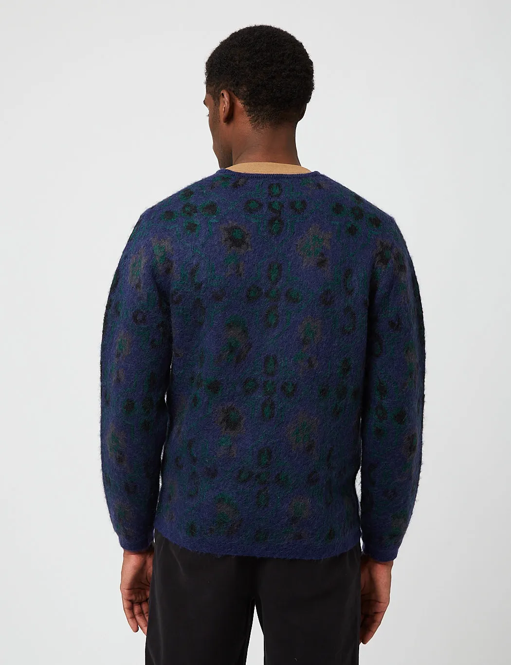 Beams Plus Botanical Pattern Jacquard Cardigan - Navy Blue