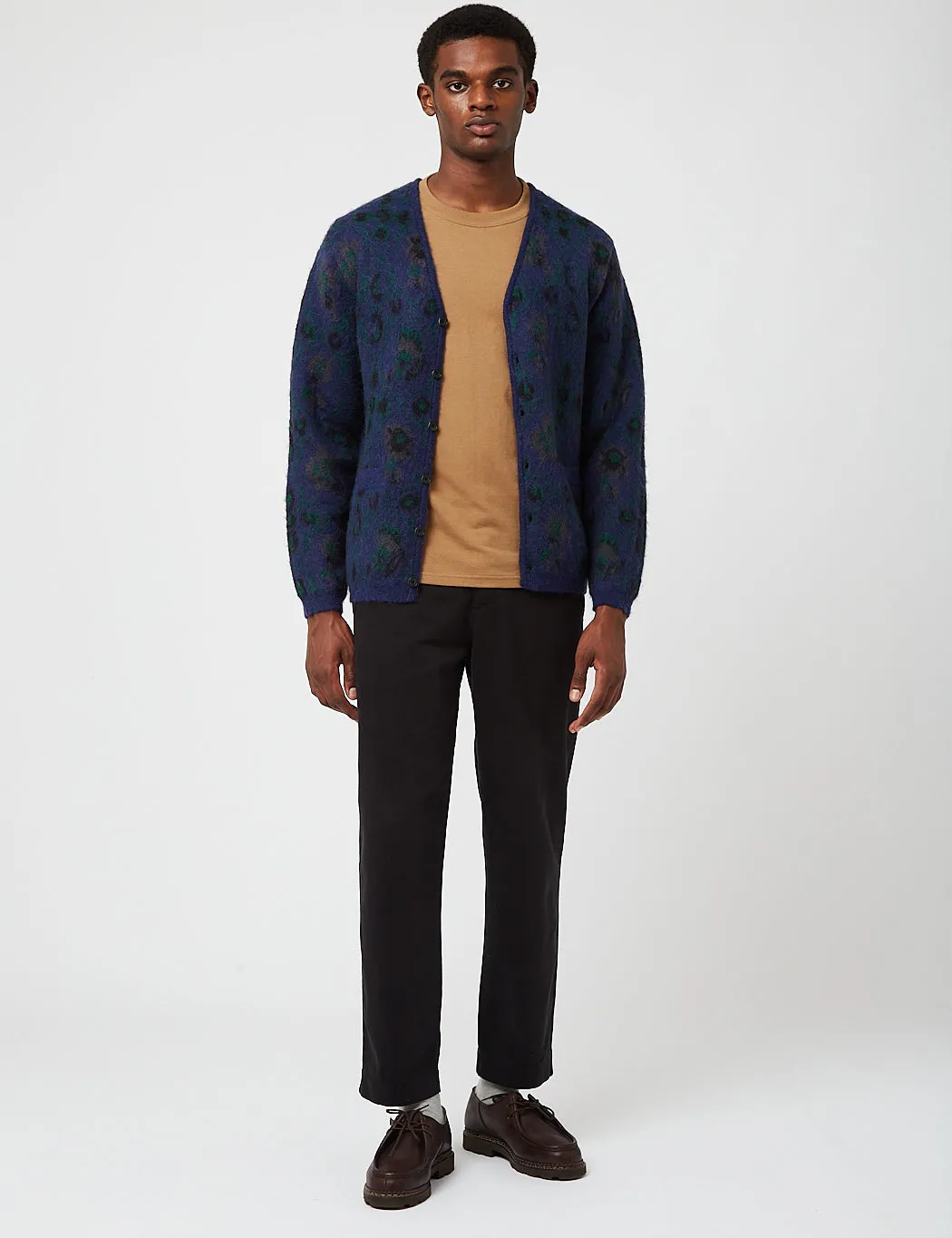 Beams Plus Botanical Pattern Jacquard Cardigan - Navy Blue