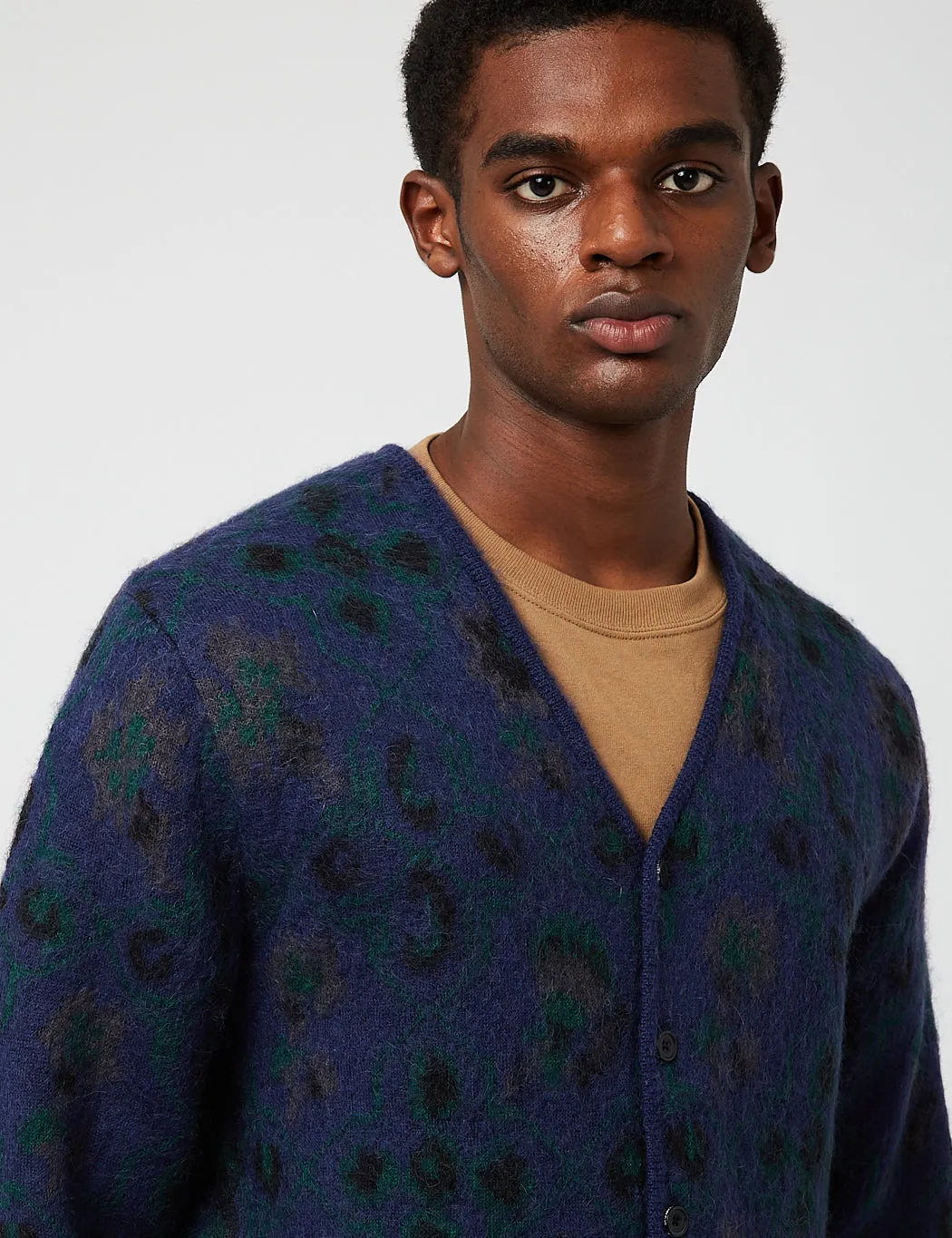 Beams Plus Botanical Pattern Jacquard Cardigan - Navy Blue