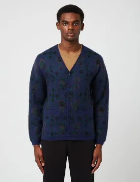 Beams Plus Botanical Pattern Jacquard Cardigan - Navy Blue