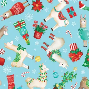 Benartex Happy Llamadays 14434 54 Tossed Holiday Llamas Light Blue By The Yard