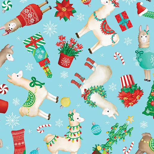 Benartex Happy Llamadays 14434 54 Tossed Holiday Llamas Light Blue By The Yard