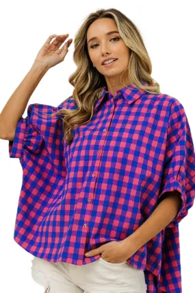 BiBi Plaid Button Up Dolman Sleeve Shirt