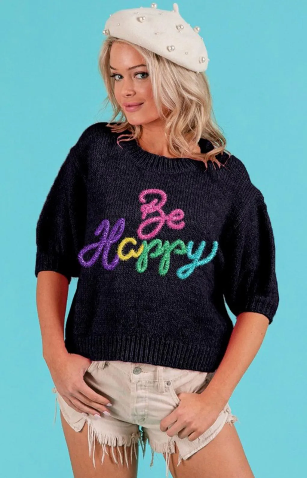 BiBi "Be Happy " Metallic Letter Short Sleeve Sweater Top IP6625-23