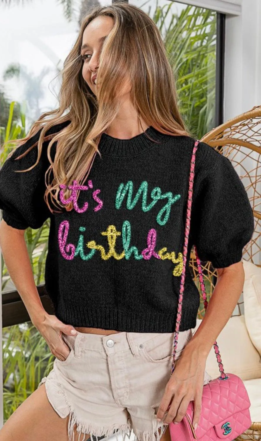 BiBi "Be Happy " Metallic Letter Short Sleeve Sweater Top IP6625-23