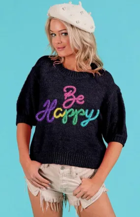 BiBi "Be Happy " Metallic Letter Short Sleeve Sweater Top IP6625-23