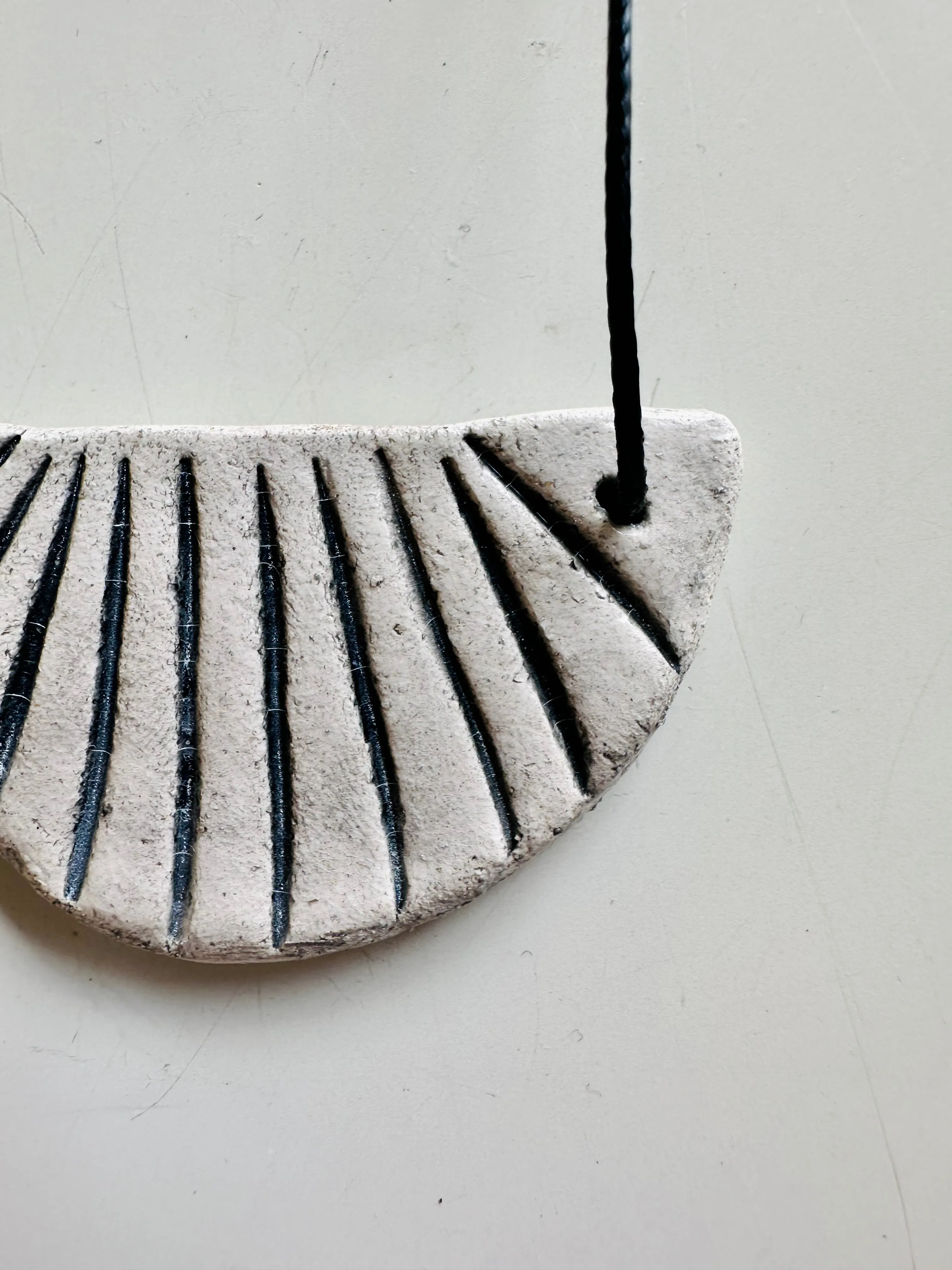 Ceramic Necklace Half Moon — BLACK STRIPES / ECRU