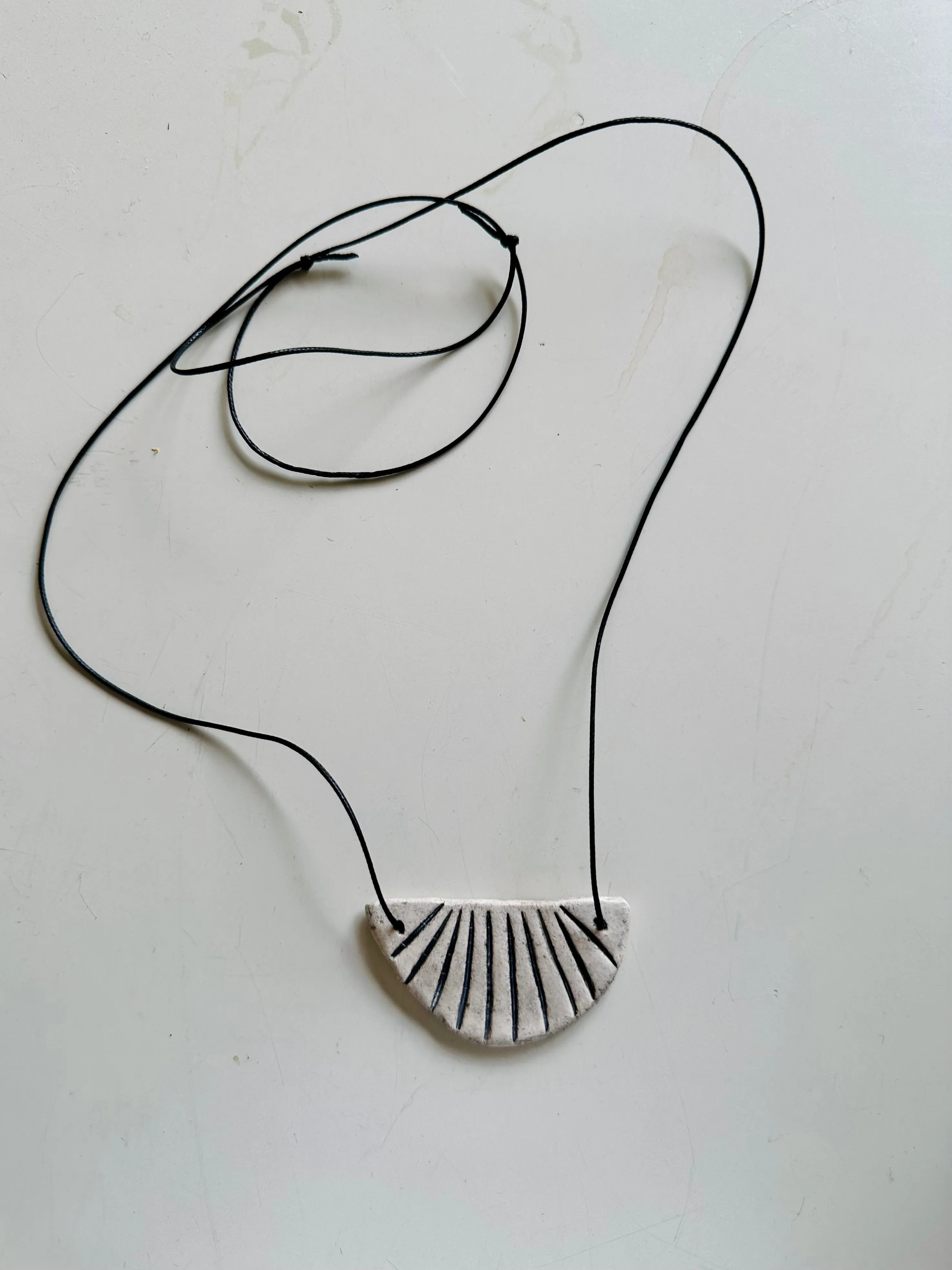 Ceramic Necklace Half Moon — BLACK STRIPES / ECRU