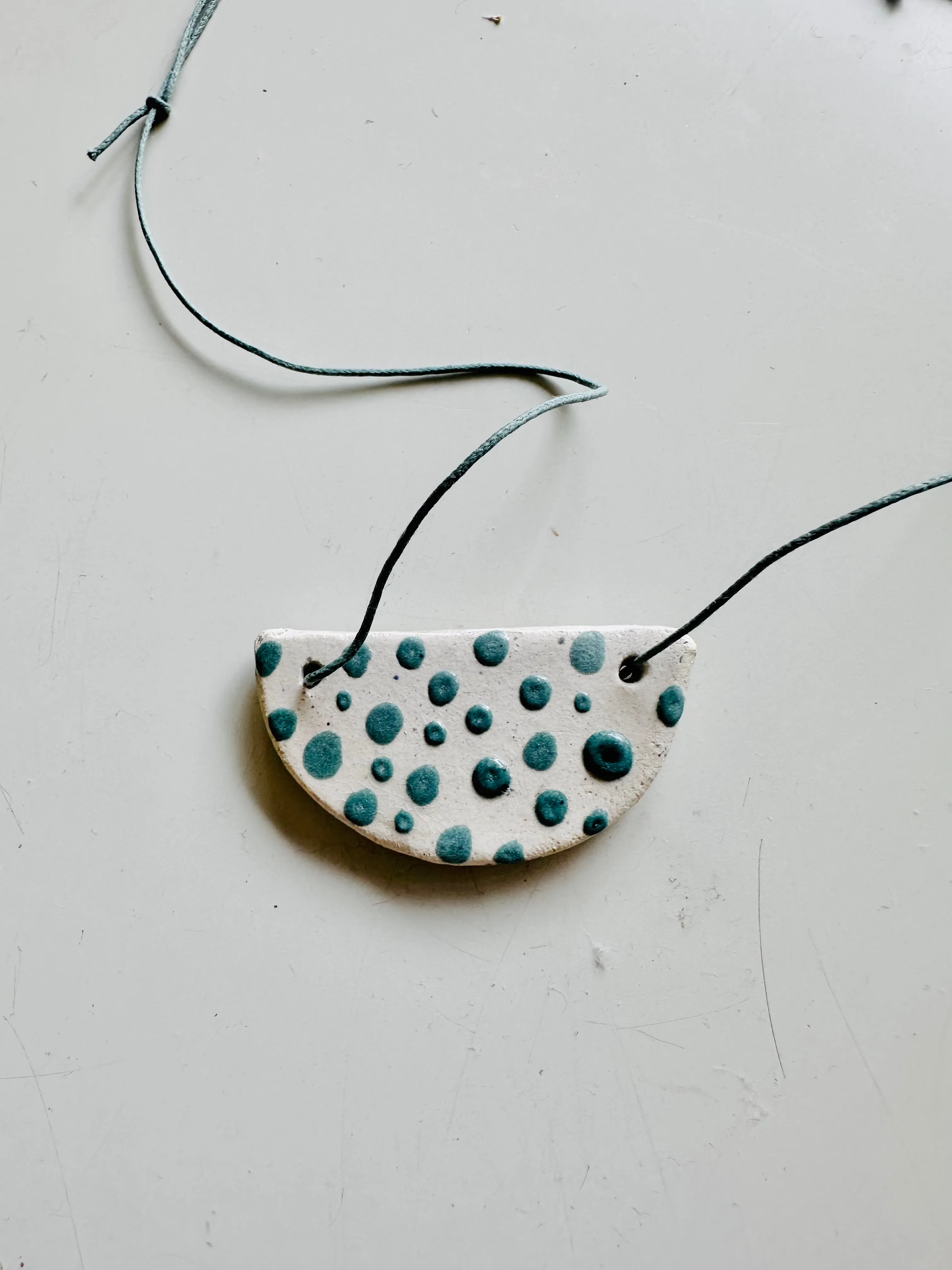Ceramic Necklace Half Moon — SKY BLUE DOTS / ECRU