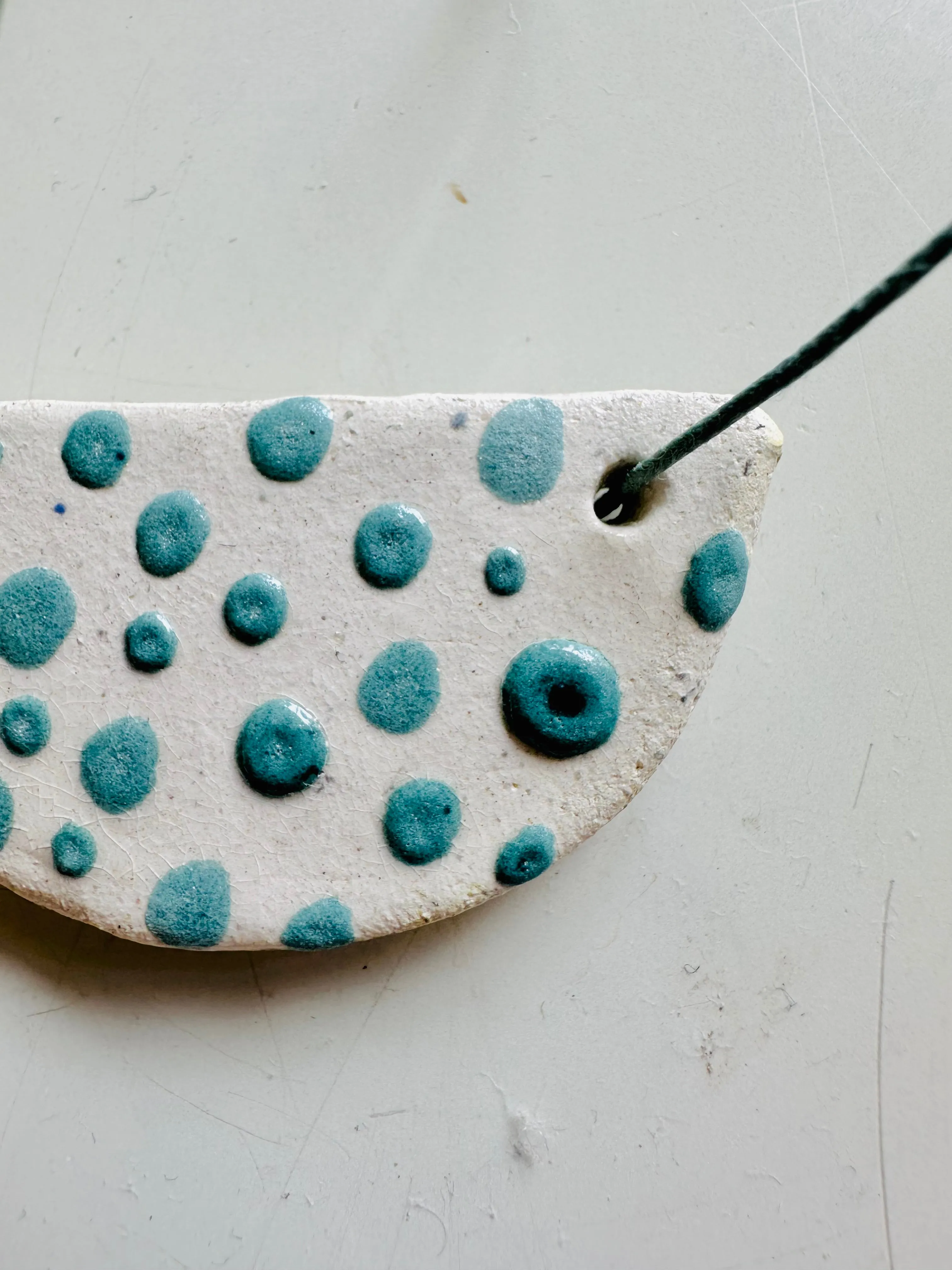 Ceramic Necklace Half Moon — SKY BLUE DOTS / ECRU