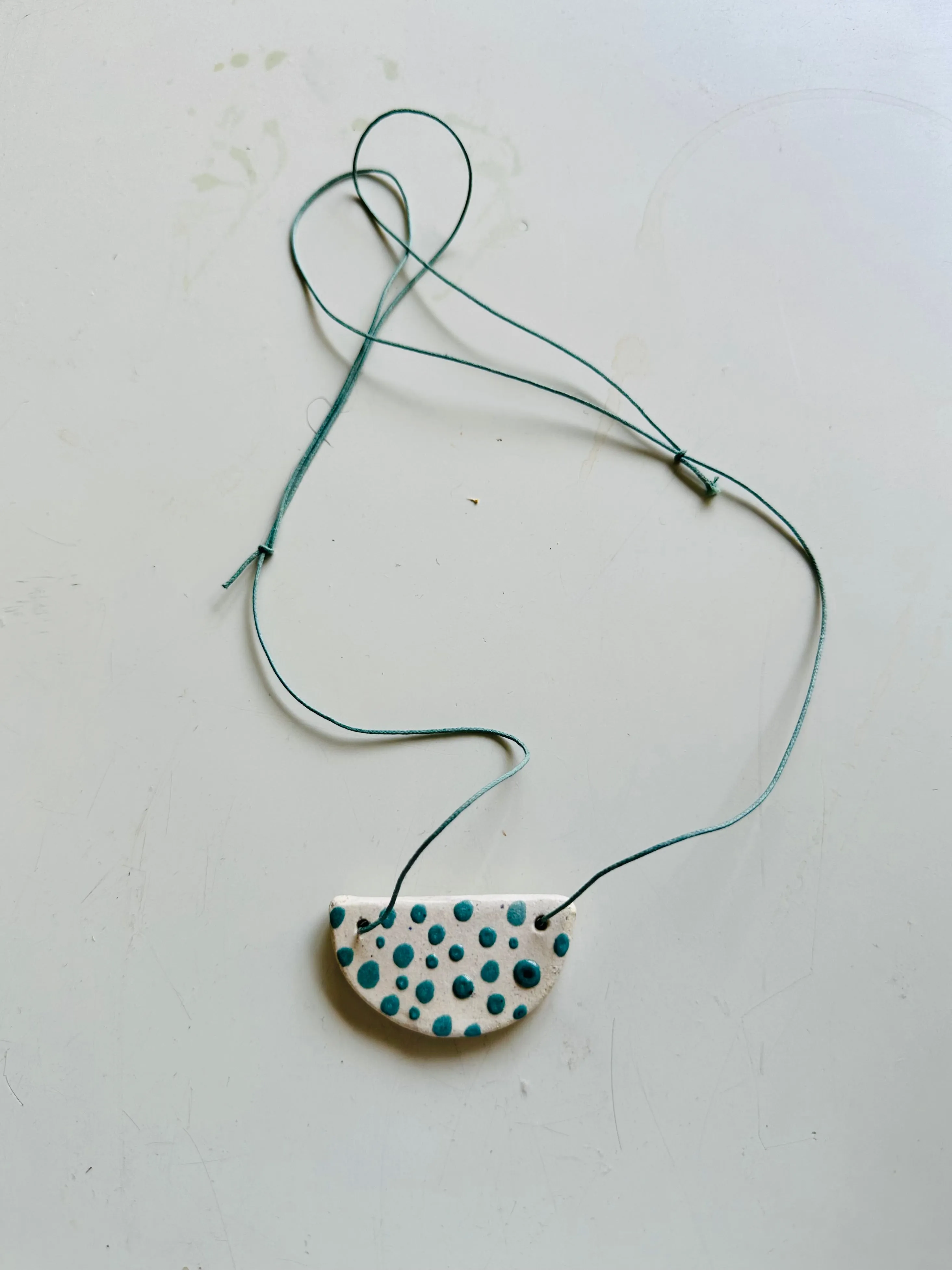 Ceramic Necklace Half Moon — SKY BLUE DOTS / ECRU