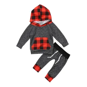 Christmas baby Kid clothes Toddler Kids boys clothing Plaid Hooded Tops Pants 2Pcs Outfits Set Xmas