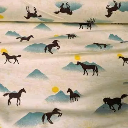 Horse FLANNEL fabric, Black Stallion with Mountain and Sun