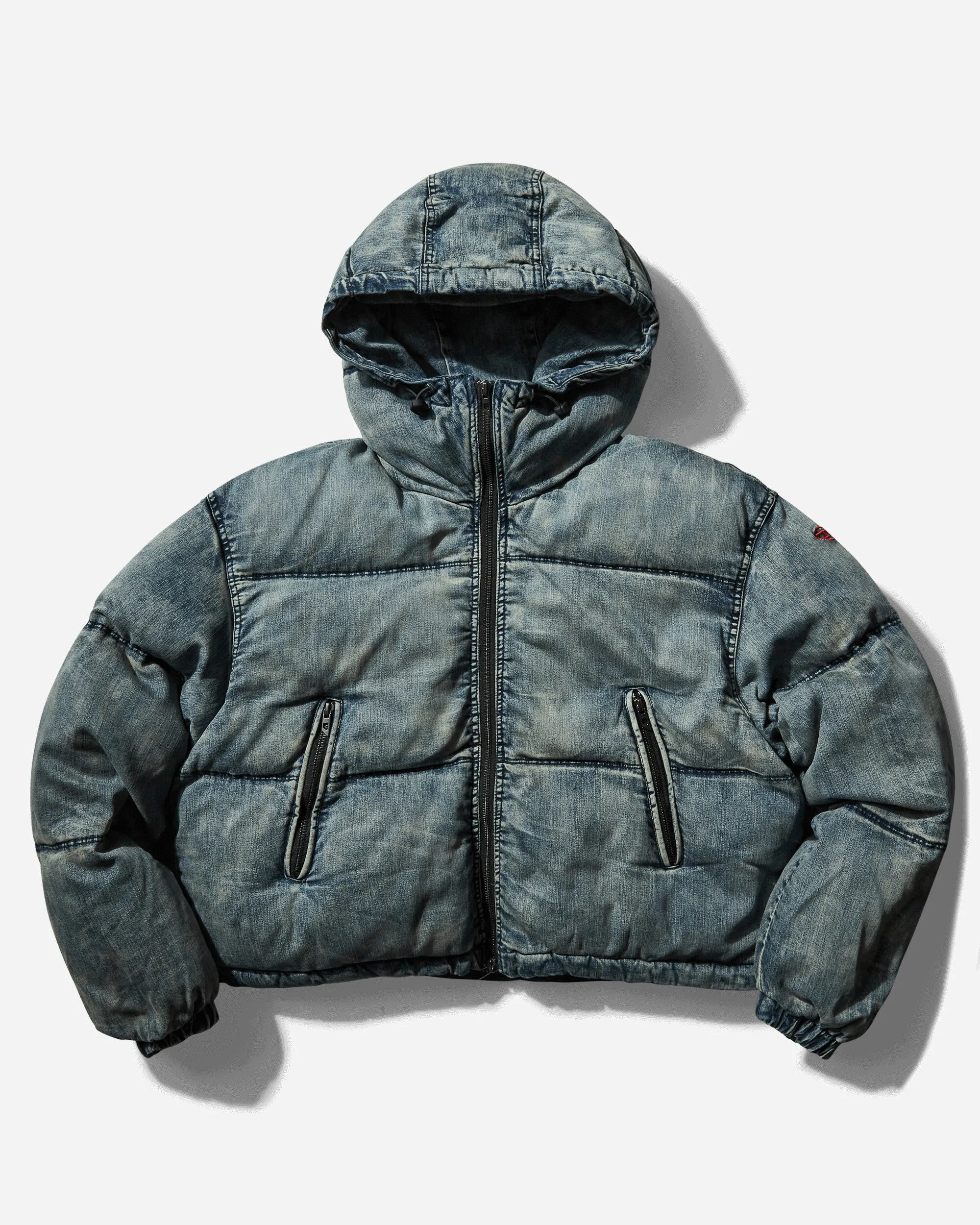 Women's Cropped Hooded Denim Puffer Jacket Blue